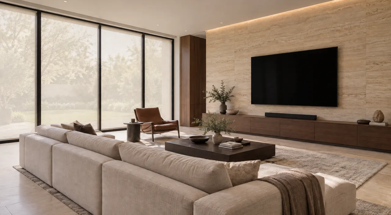 Daytime interior. Shades down · Lights on · TV off.